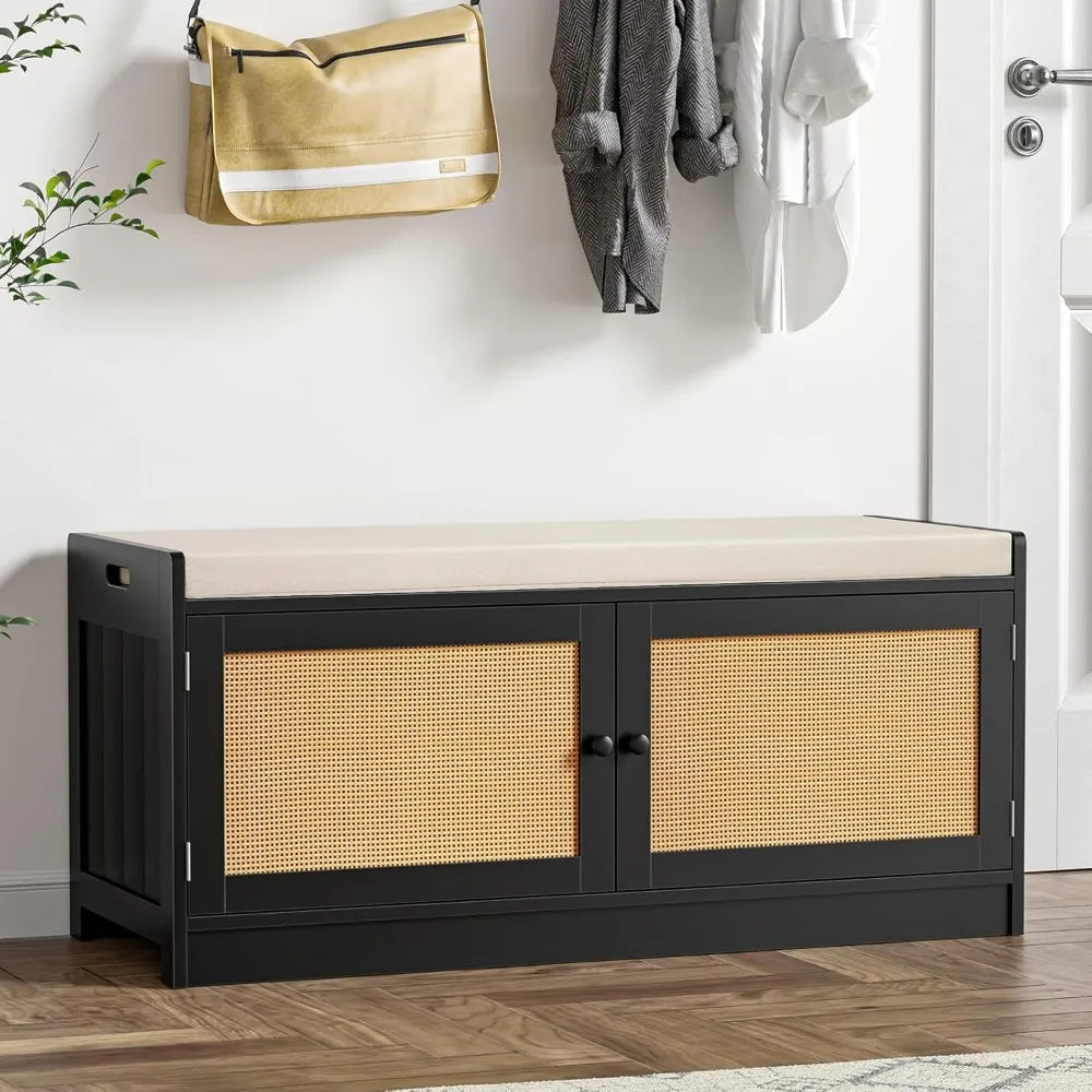 Entryway Shoe Bench with Storage, 2 Doors 2-Tier Rattan Shoe Cabinet with Padded Cushion & Adjustable Shelves, Boho Shoe Organiz