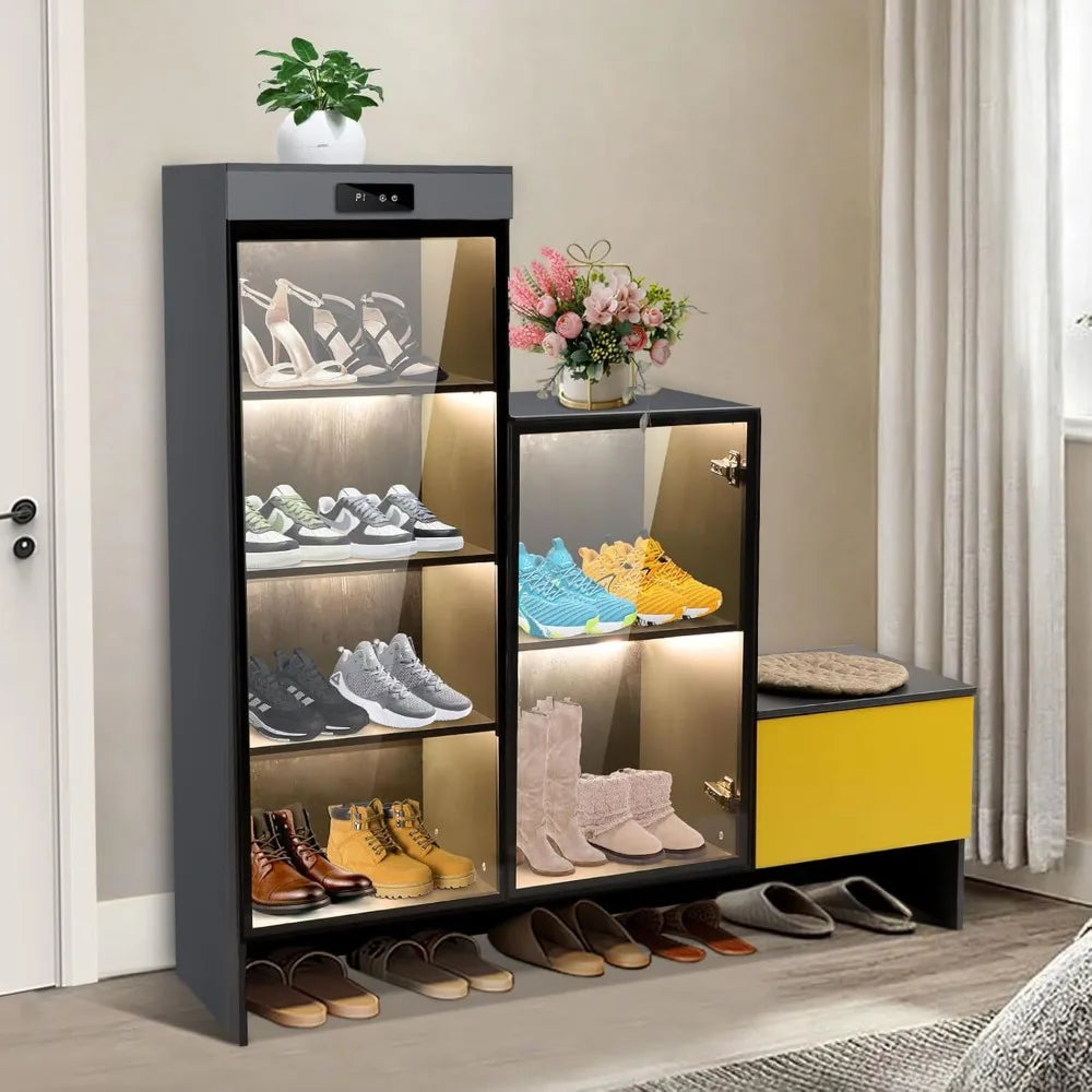 Shoe Rack with LED Air Purifier, Intelligent Closet with 6 Spaces, Glass Door with Reinforced Hinges, Grey