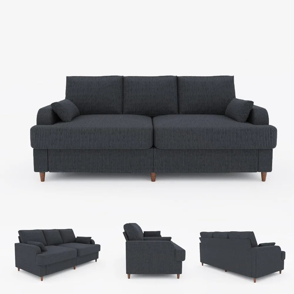 80 Inch Grey Corduroy Sofa Couch - Wide Armrests with 2 Throw Pillows, 3 Seater Couch with Deep Seats, Oversized Loveseat for Li