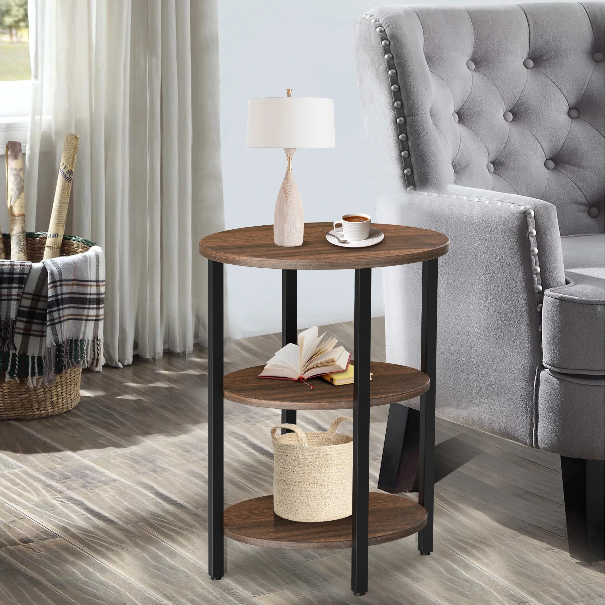 Oval End Table with 3-Tier Storage Shelves