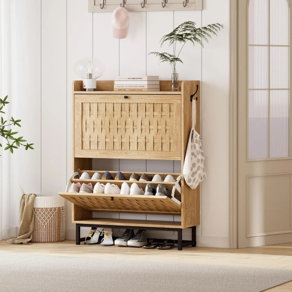 Shoe Cabinet Shoes Storage Cabinet Narrow Shoe Rack Cabinet Breathable MDF Shoe Cabinet Freestanding Organizer with 2 Flip Drawe
