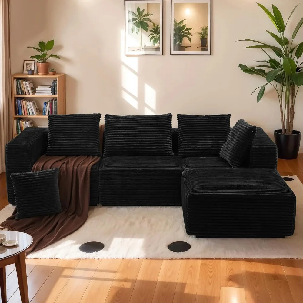 106" black cloud sofa with l-shaped chaise longue, modern modular couches with deep seats, fluffy couches for living room and be
