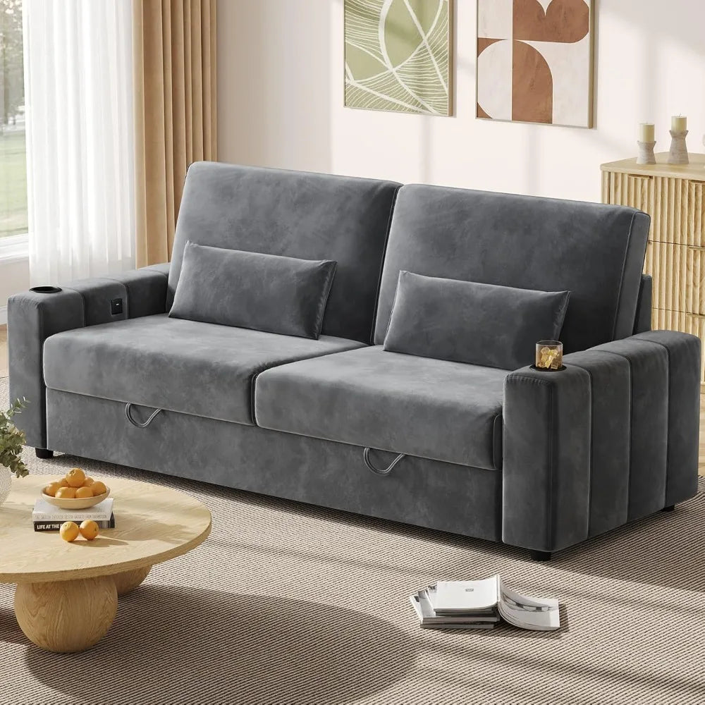 75 inch loveseat sofa, velvet fabric couch with storage, cup holder, charging ports, heightened backrests, removable cover moder