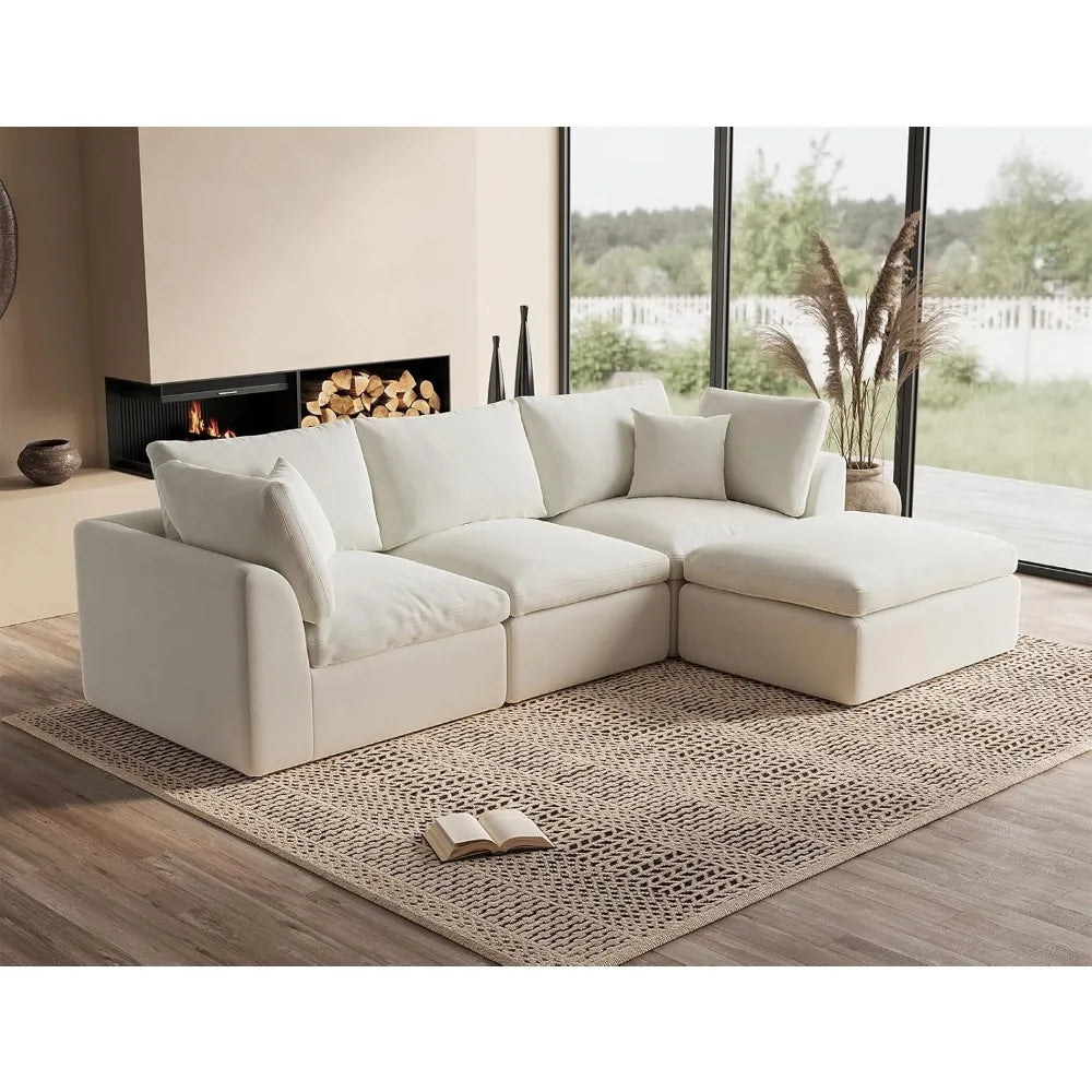 110" cloud sectional couches for living room, convertible l-shape couch with ottoman, 3 seater modular sectional sofa, warm whit