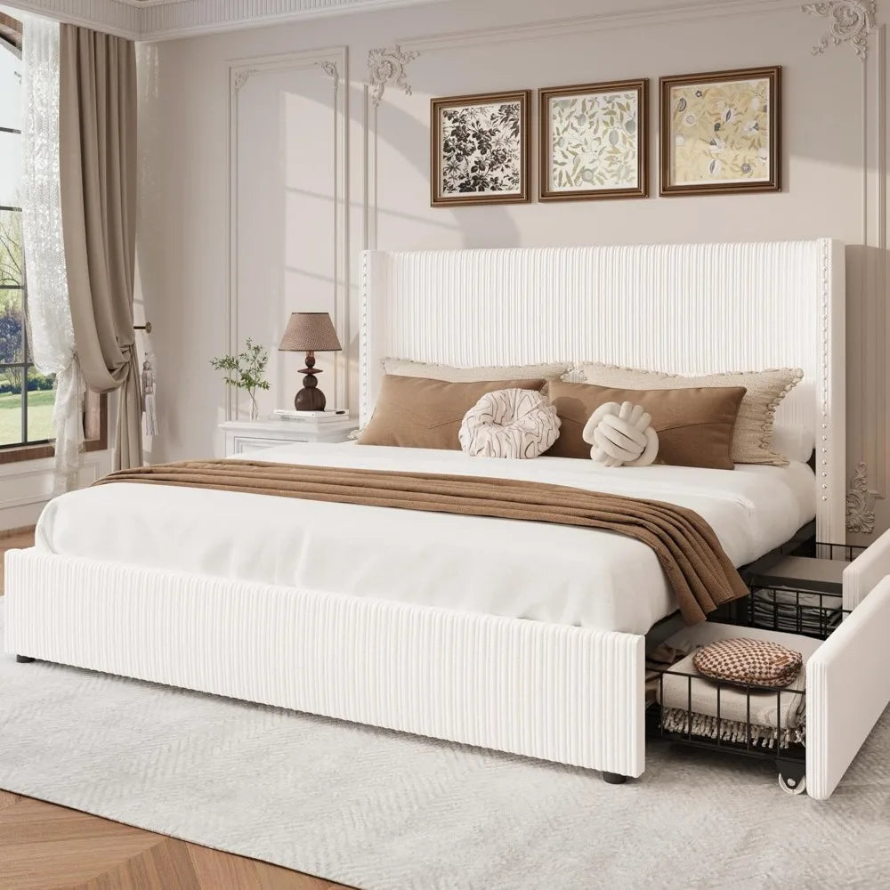 King Size Bed Frame with 4 Storage Drawers Modern White Corduroy Upholstered Platform Bed Frame with Headboard Tufted Vertical S