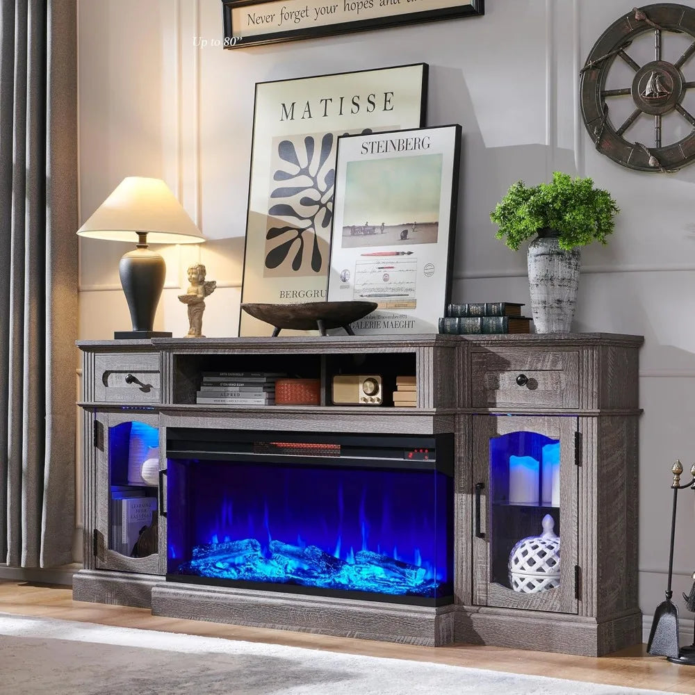 Farmhouse Fireplace TV Stand for TVs up to 80", Entertainment Center with 36" 3-Sided Glass Electric Fireplace & LED Lights, 70