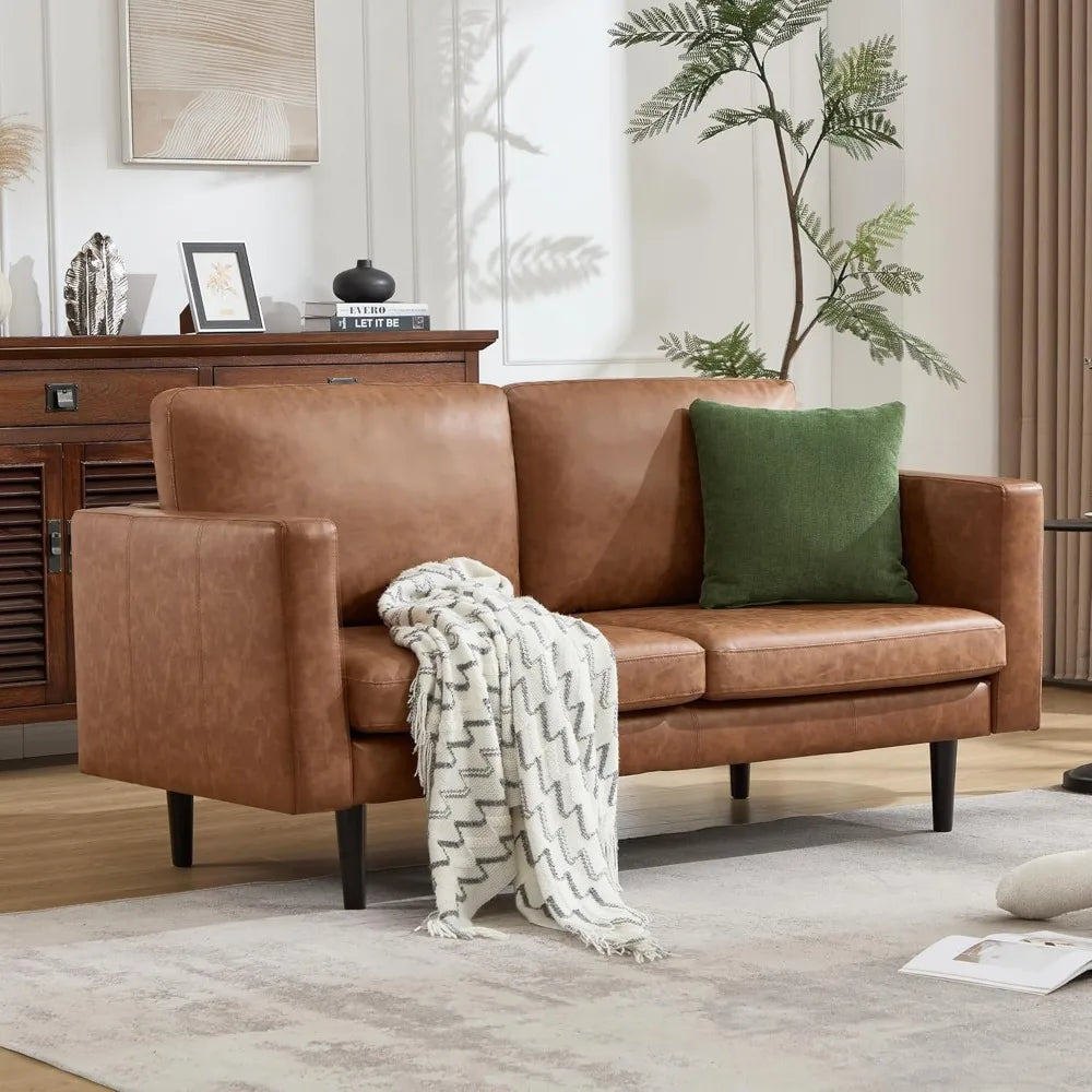 65" Loveseat Sofa, Faux Leather Love Seat Couch, Mid Century Modern Couch with Solid Wooden Frame for Living Room & Bedroom in