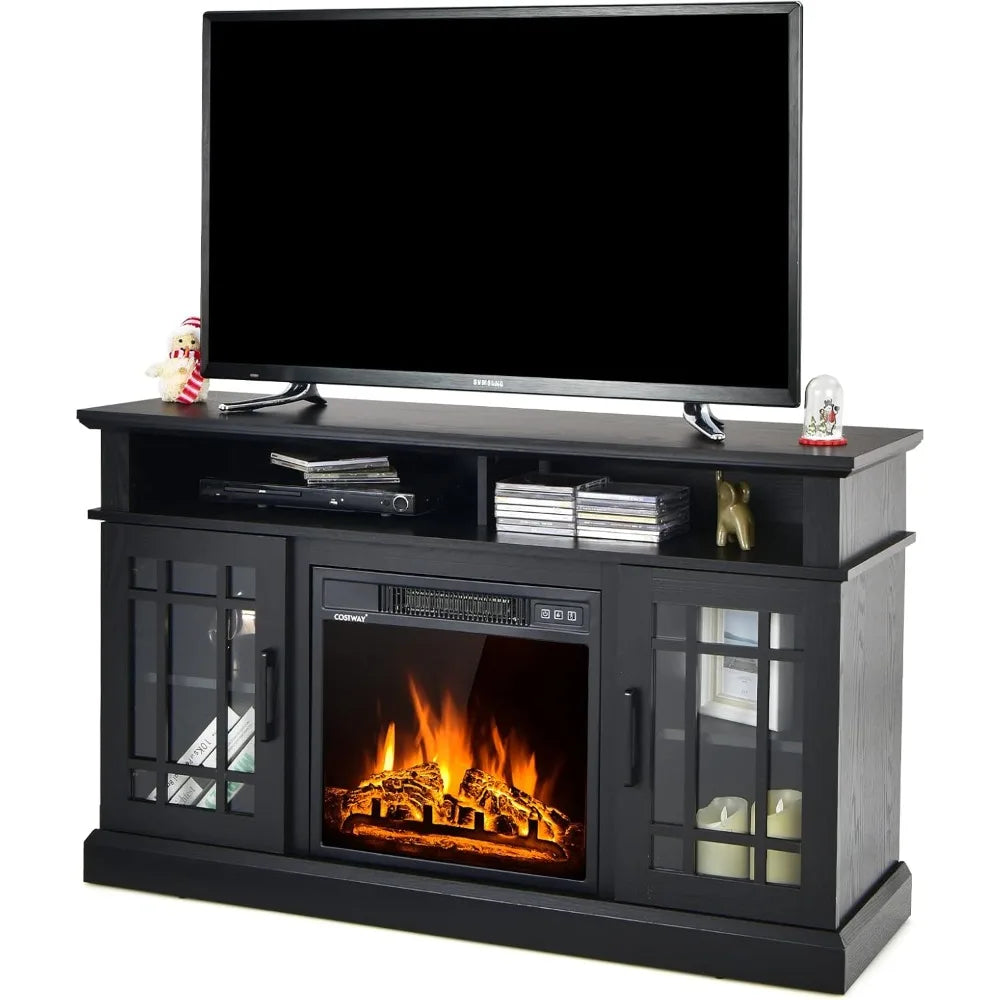 Happygrill Electric Fireplace TV Stand Up to 55 Inches, 48 Inch TV Stand w/Heater, Remote & Storage, Overheat Protection, Wooden