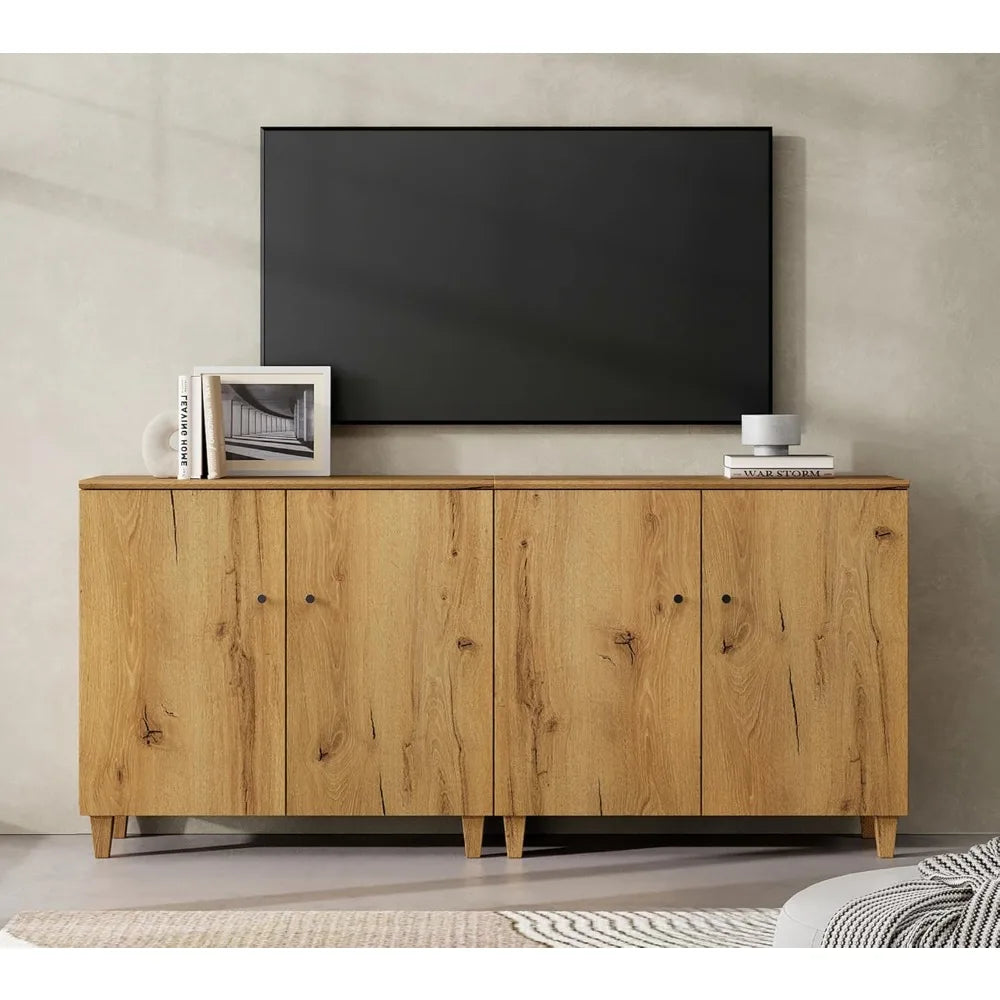 TV Stand Cabinets for TVs up to 75 Inches, 2-in-1 Wood Entertainment Center with Doors and 6 Compartments, 70.8" Modern Media C