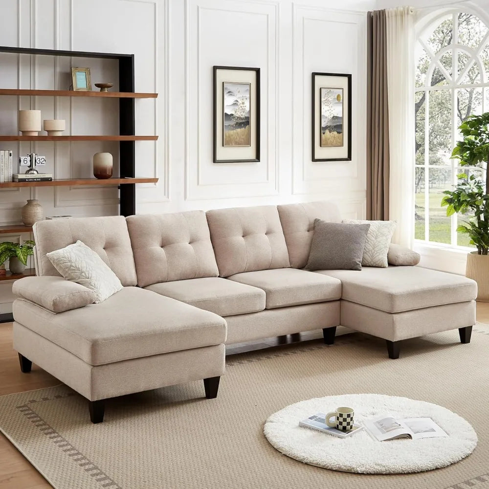 111" Sectional Couch for Living Room, Modern Polyester Fibre U Shaped Sofa Couches with Double Chaise, Upholstered 4 Seater Sofa
