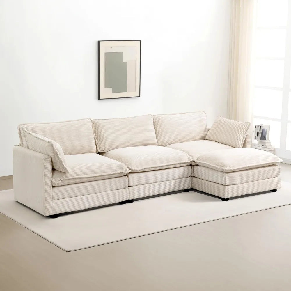 Oversized Modular Sectional Sofa with Movable Ottoman, 112 Inch 4 Seat Modern Corduroy Sofa Set, Convertible L Shaped Couch for