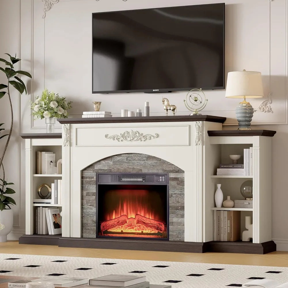 72" Electric Fireplace with Mantel, White TV Stand for TVs Up to 80 Inch, Farmhouse Entertainment Center with Storage for Bedroo