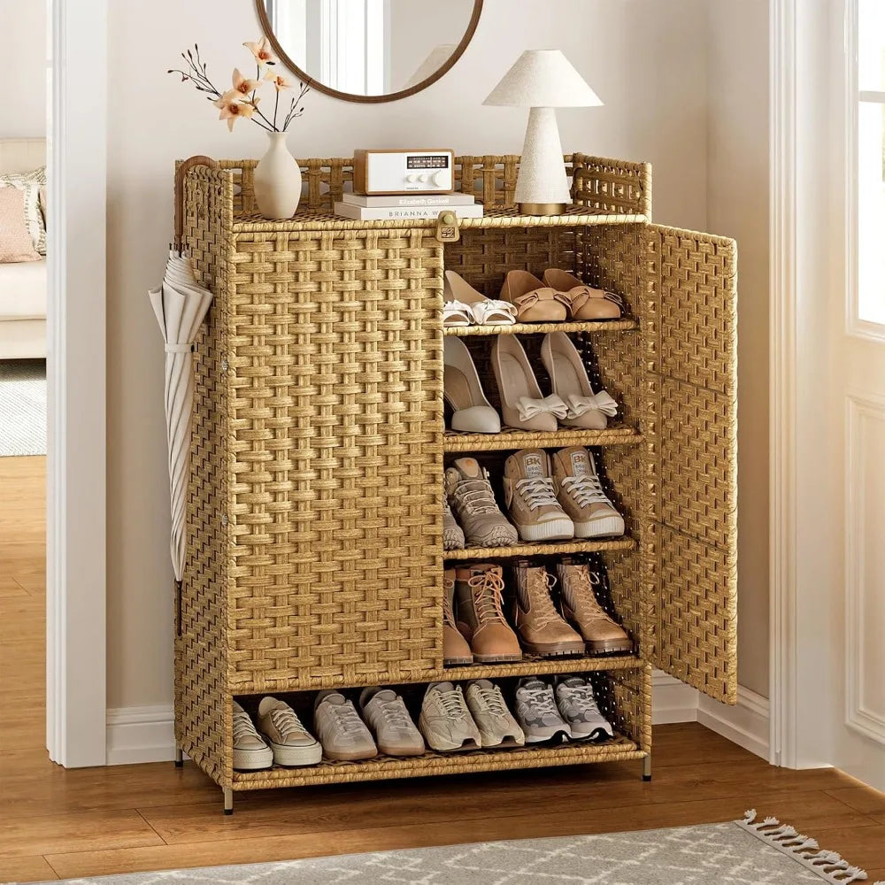 Rattan Shoe Cabinet,6-Tier 39.8" Tall Shoe Storage Cabinet with Adjustable Shelves,20 Pairs Storage Cabinet with Doors for Entry