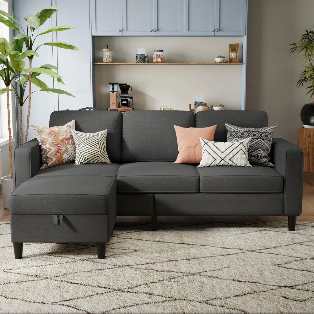 Sectional Sofa Couches for Living Room, Dark Grey 3 Seat L-Shaped Couch with Storage Ottoman, Comfy Linen Convertible Sectionals