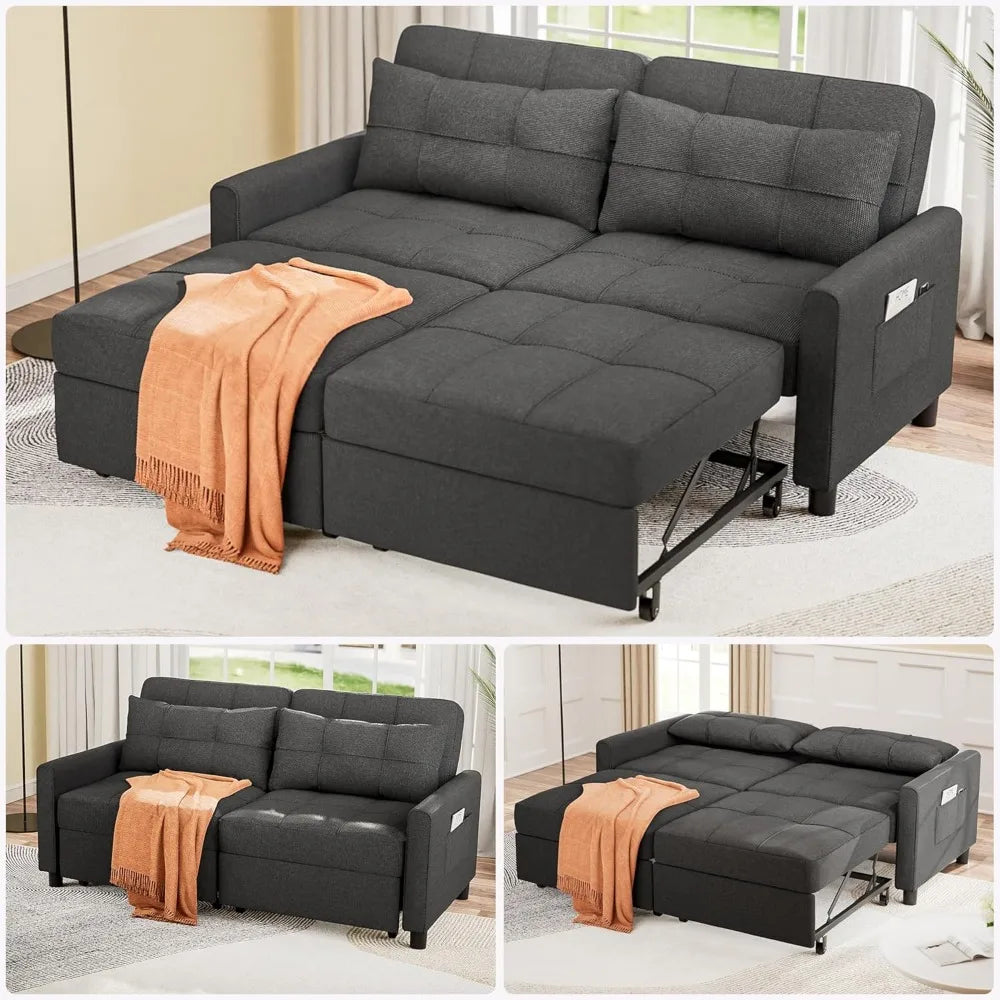 58" Sleeper Sofa Bed, Pull-Out Couch with Adjustable Backrest and Side Pocket for Living Room (Dark Gray)