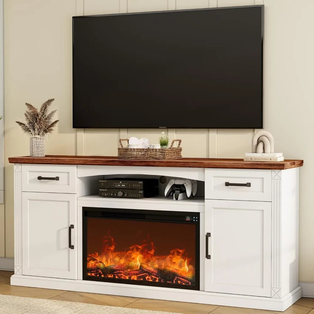 70'' Fireplace TV Stand for up to 80 inch TV, 32" Tall Entertainment Center with Fireplace, Farmhouse TV Stands with Electric Fi