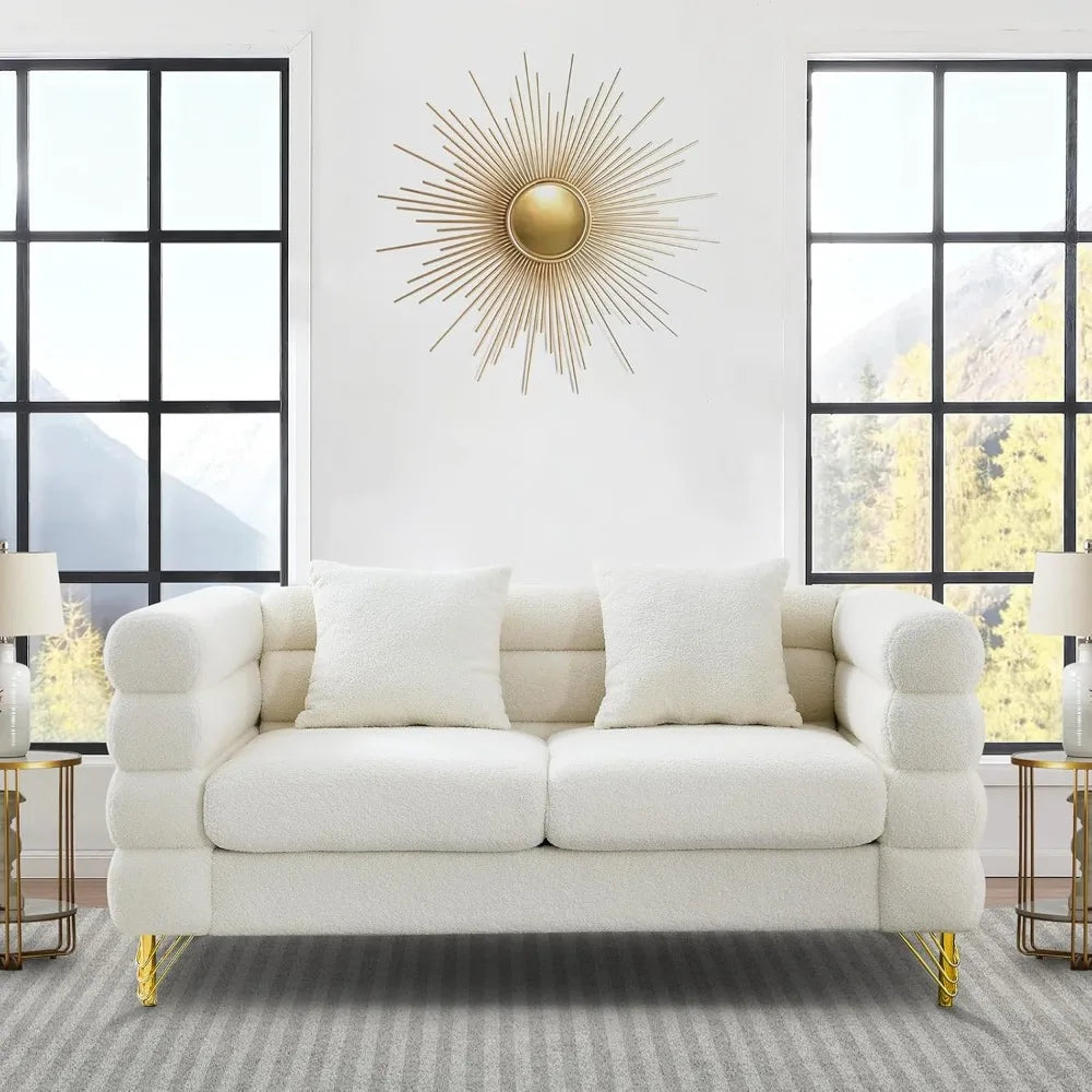 Comfy Loveseat Sofa, 60-inch 2 Seater Boucle Couch with Deep Seat Design, Upholstered Love Seat with 2 Pillows, Modern Living Ro