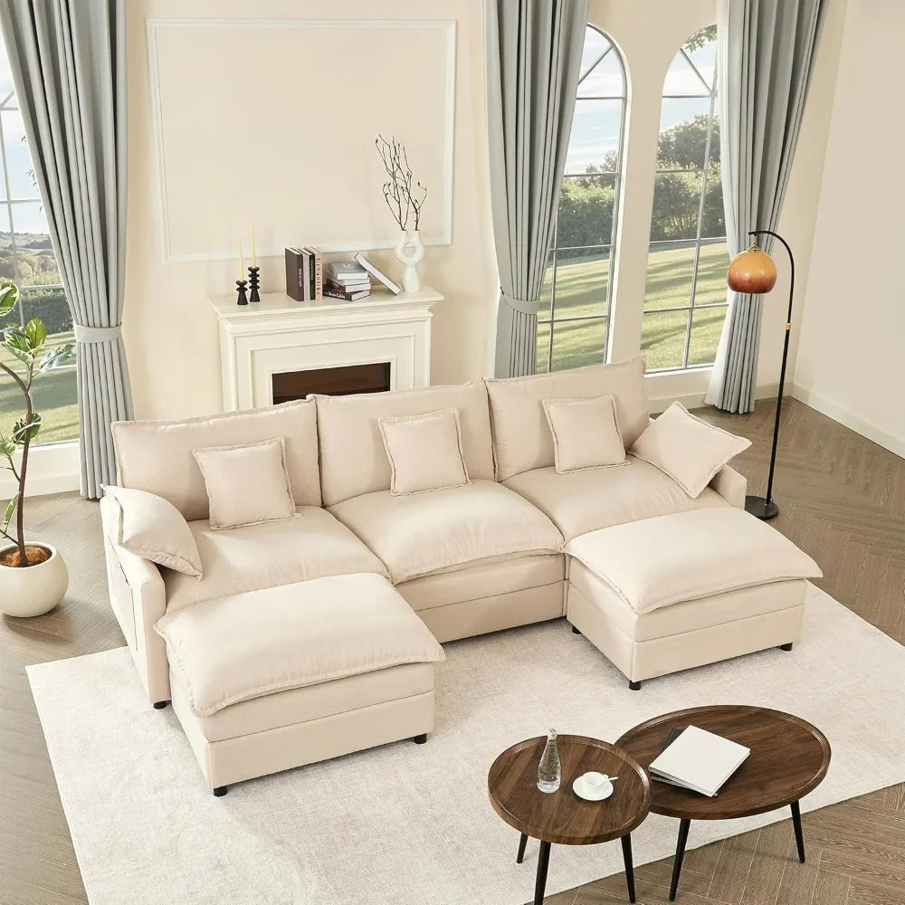 108" U Shaped Couch, Modular Sectional Sofa, 3-Seater Comfy Cloud Couch with Movable Ottoman, Deep Seat Couches for Living Room,