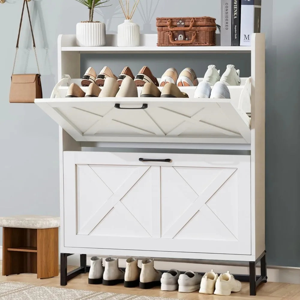 Shoe Cabinet with 2 Flip Drawers Farmhouse Freestanding Shoe Storage Cabinet for Entryway, Hidden Shoes Rack Cabinets for Entryw
