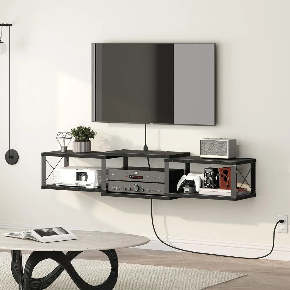 Floating TV Stand with Power Outlet, Wall-Mounted Entertainment Console Center with Storage, Floating Metal Frame TV Shelf for U