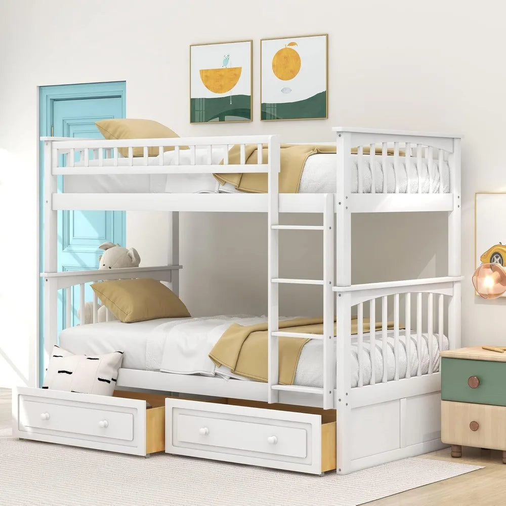 Harper & Bright Convertible Wood Twin-Over-Twin Bunk Bed with Storage Drawers and Ladder - Can Be Divided Into Two Daybeds (Whit