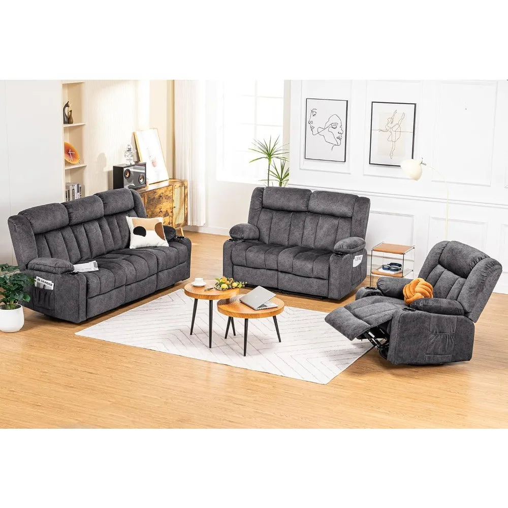 COMHOMA Manual Recliner Chair Set，Fabric Reclining Sofa Chair with Cup Holders, Upholstered Recliner with Side Pockets Suitable
