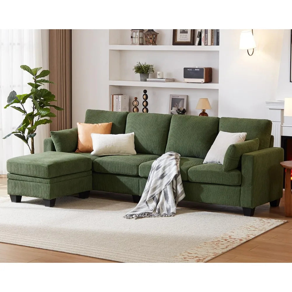 chic house corduroy modular sectional couch with ottoman chaise, l/u shaped sleeper sofa for living room, apartment, lounge, mod