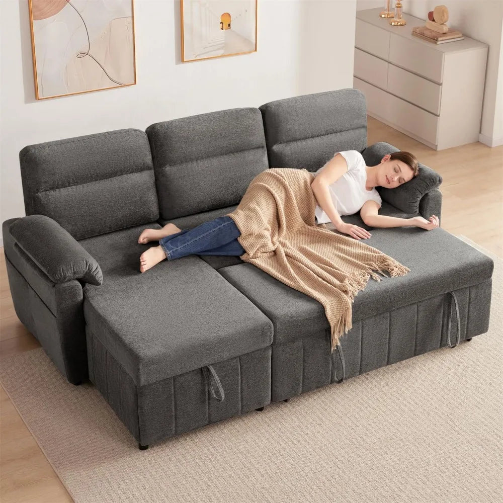 84’’ Queen Sleeper Sofa Couch with Pullout Bed, 3 in 1 Cloud Sofa Bed Couch with Storage Chaise & USB, Chenille Convertible Sle