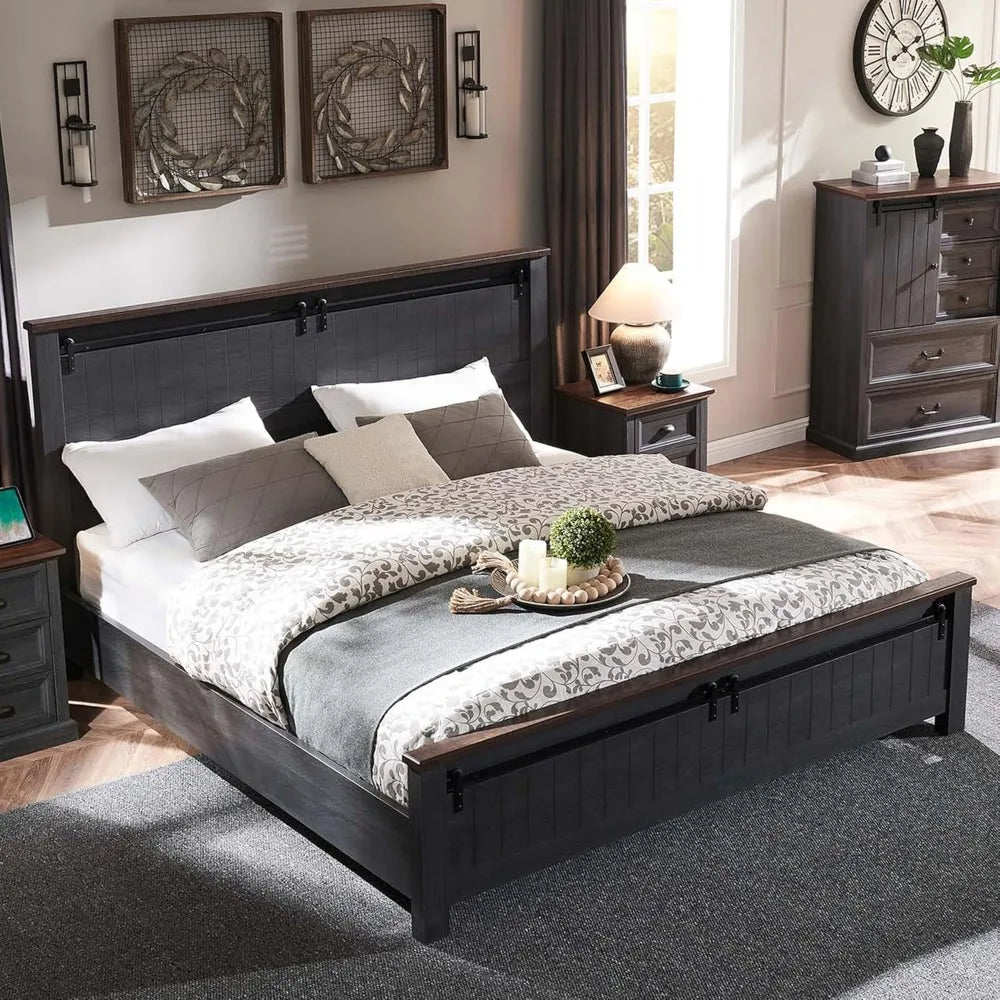 Farmhouse Queen Size Bed Frame with 47" Headboard, Wood Bed Frame with Groove Sliding Barn Door Footboard, Platform Bed with Woo