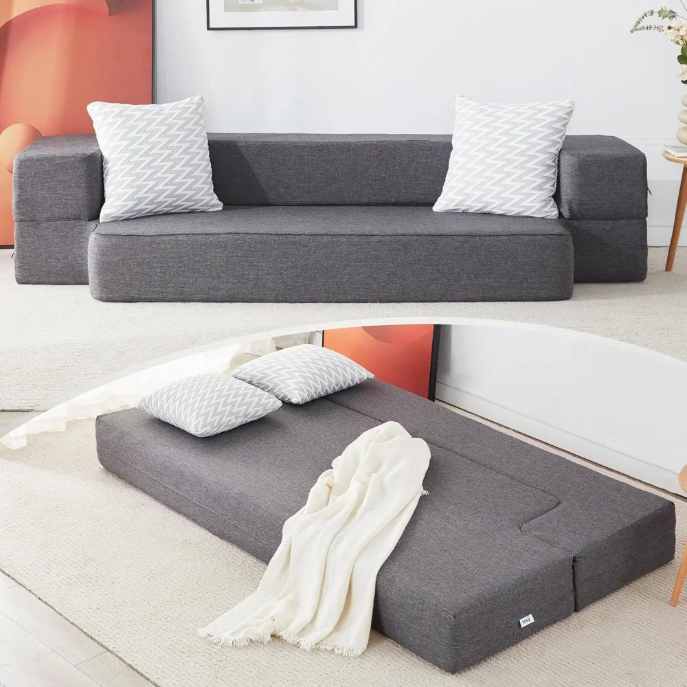 Floor Sofa Bed, Convertible Sleeper Lounge Couch Folding Mattress with 2 Pillows & Washable Cover for Living Room, Guest, Playro
