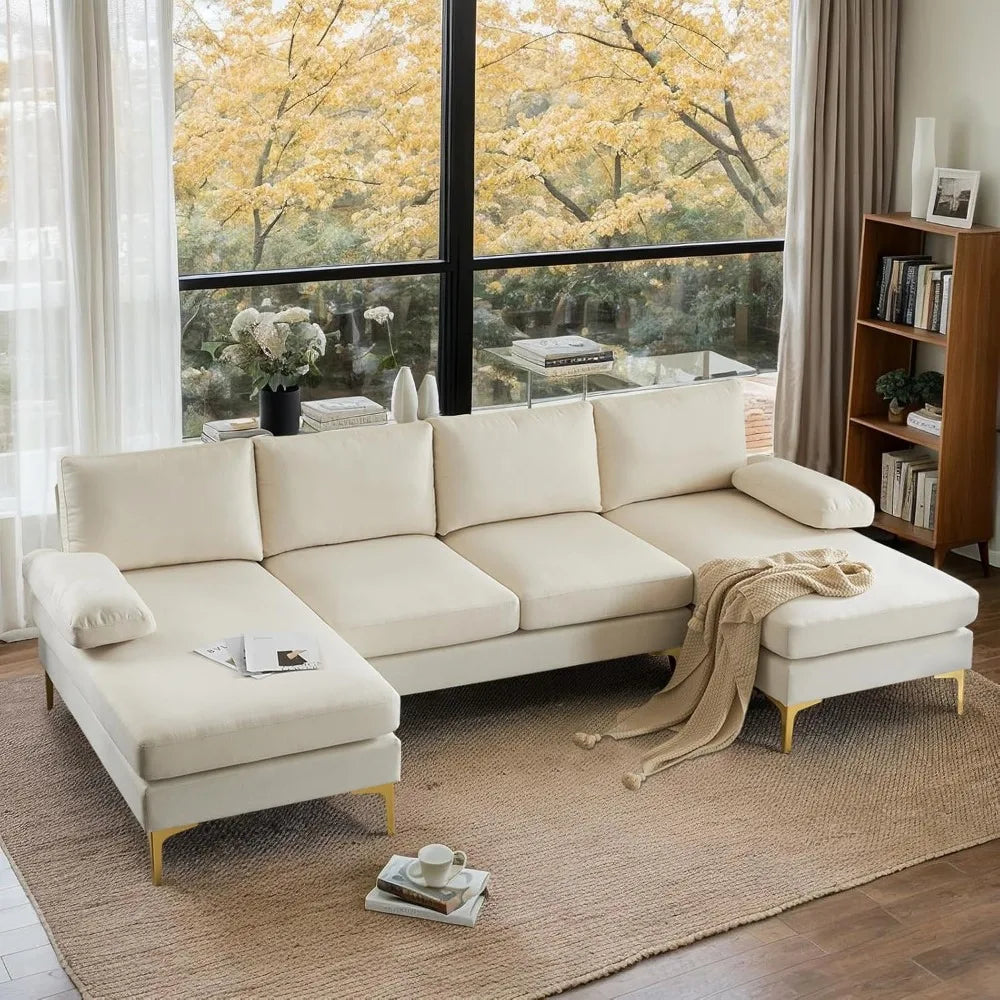 110" Modern U Shaped Sectional Couch with 51"D Double Chaise for Living Room, Beige Deep Seat Sectional Sofa Sets with 5.9" Thi
