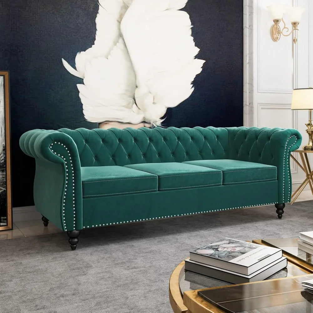 QHITTY Accent Large Sofa, Chesterfield Couch 3 Seater Modern Velvet Couch Upholstered Sofa with Tufted Back for Living Room Furn