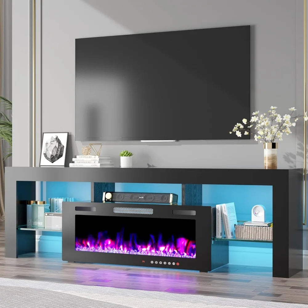 Modern 70" Black TV Stand with 36" Electric Fireplace Heater, Fireplace Entertainment Center with 7 Color LED Strip for Living R