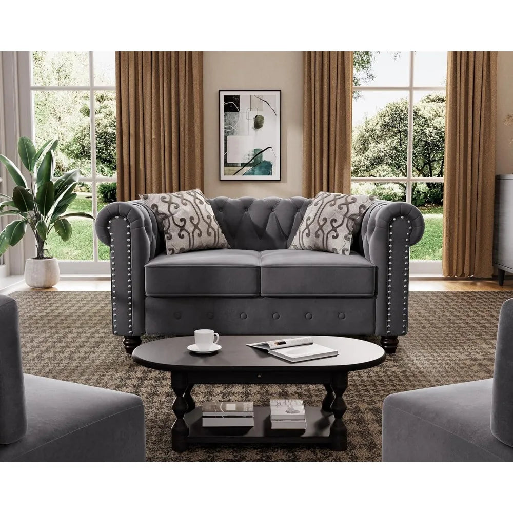 Classic Chesterfield Loveseat Set 60'', Tufted Loveseat Sofa Set with Solid Wood Legs Thick Cushion, Pet-Friendly 2-Seater Sofa