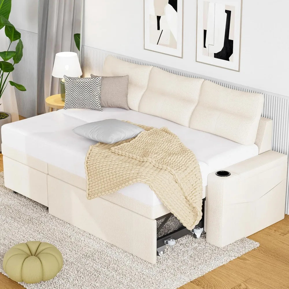 81" Sleeper Sofa with Armrest Storage,L-Shaped Sofa with Supportive Cushions,Cup Holders,Side Pockets,Pull Out Sleeper Sofa Bed