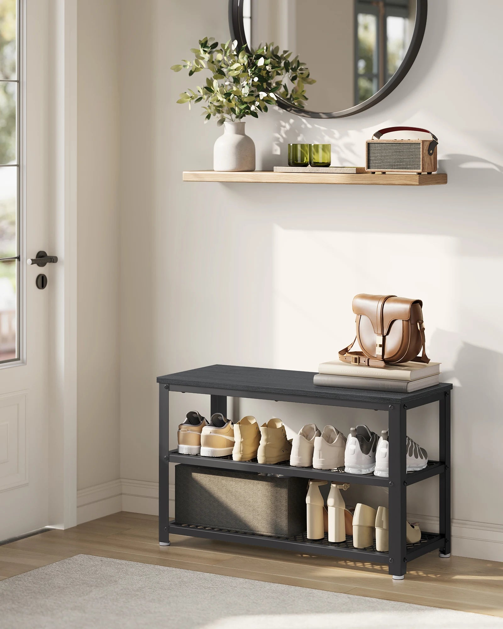 VASAGLE, 3-Tier Shoe Rack, Shelf Storage Bench with Metal Mesh Shelves and Seat, Free Standing Shoe Organizer for Entryway