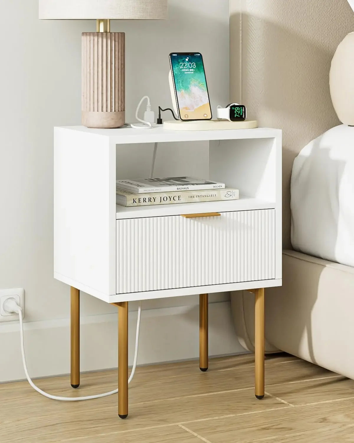 Small Bedside Table with Gold Frame,White Night Stand,Bedside Furniture,Side Table with Drawer and Shelf for Bedroom,Living