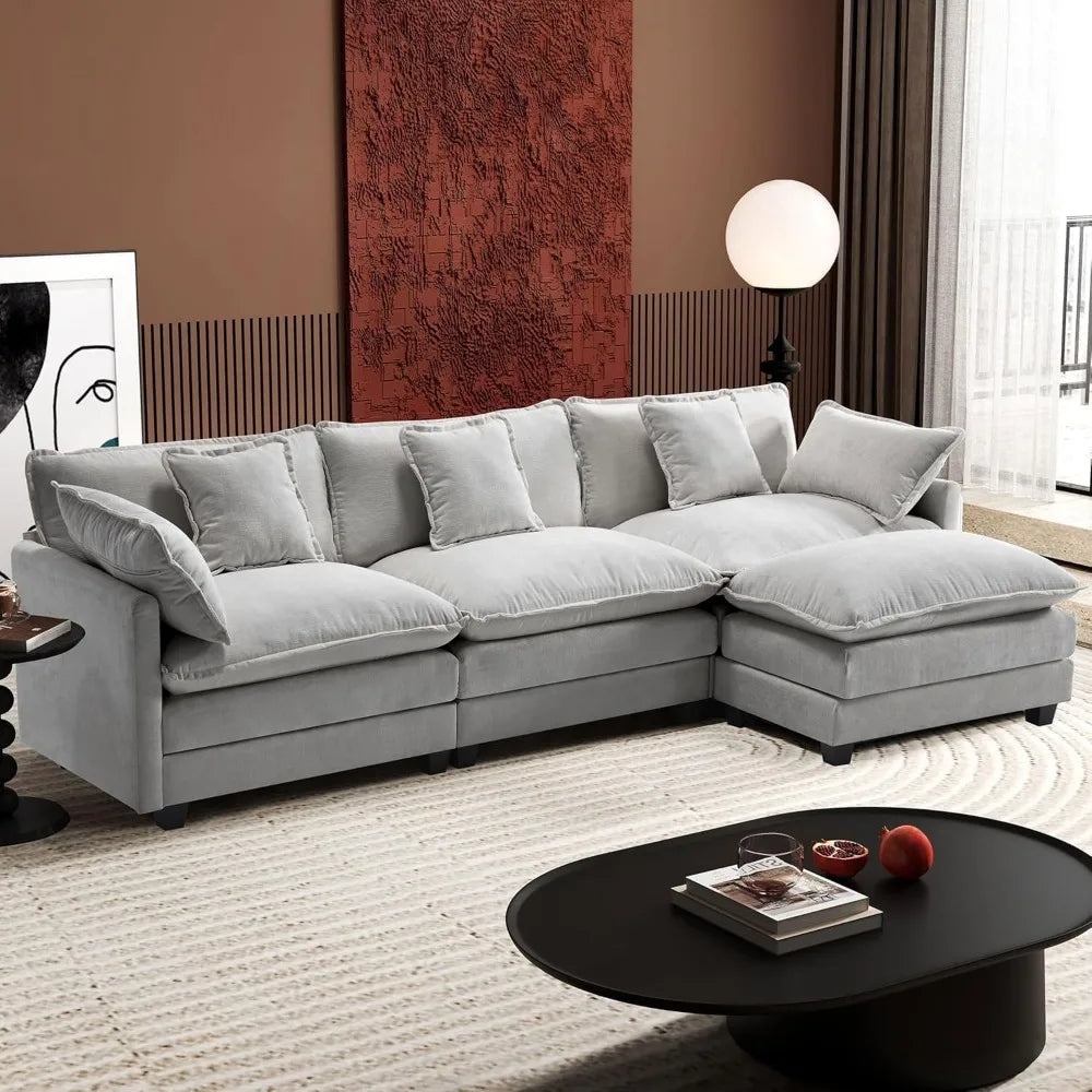 111.4" L Shaped Modern Sofa Modular Sectional Cloud Couch with Ottoman, 4-Seat Chenille Deep Seat Sofa with Pillow for Living R