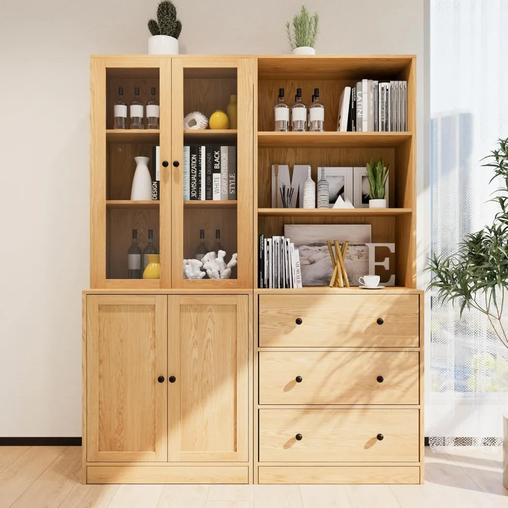 71" Bookshelf Bookcase, 3-Tier Modern Bookshelves 3 Large Drawer, Wood Filing Cabinet with Open Storage Shelf, Glass Doors 5-Ti