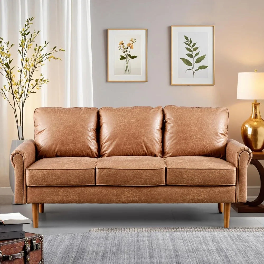 73.6" Luxury Sofa Couch, 3-Seater Comfy Suede Faux Leather Sofas Couches, Mid-Century Modern Neutral Deep Seat Small Cloud Sofa
