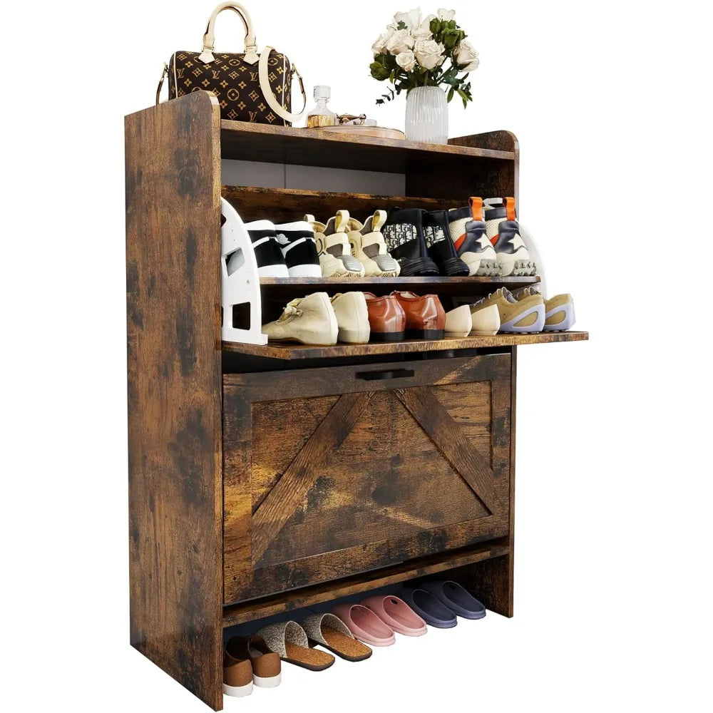 Shoe Cabinet with 2 Flip Drawers, Shoe Cabinet Storage for Entryway with Wider Adjustable Shelf, Hidden Freestanding Farmhouse S