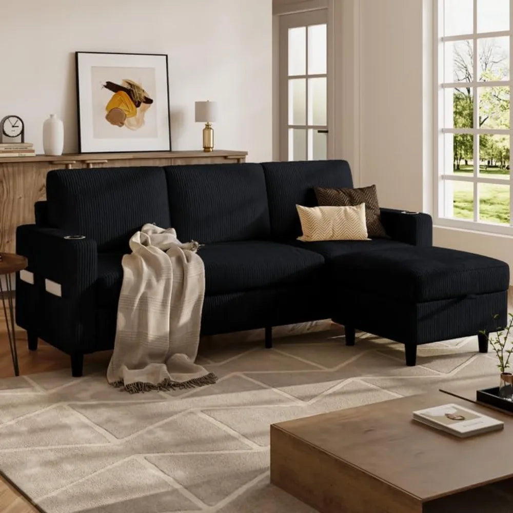 Sectional Couches for Living Room, L Shaped Couch with Storage Ottoman, Small Sofa Corduroy Couch with 2 Cup Holders, Modern 3 S