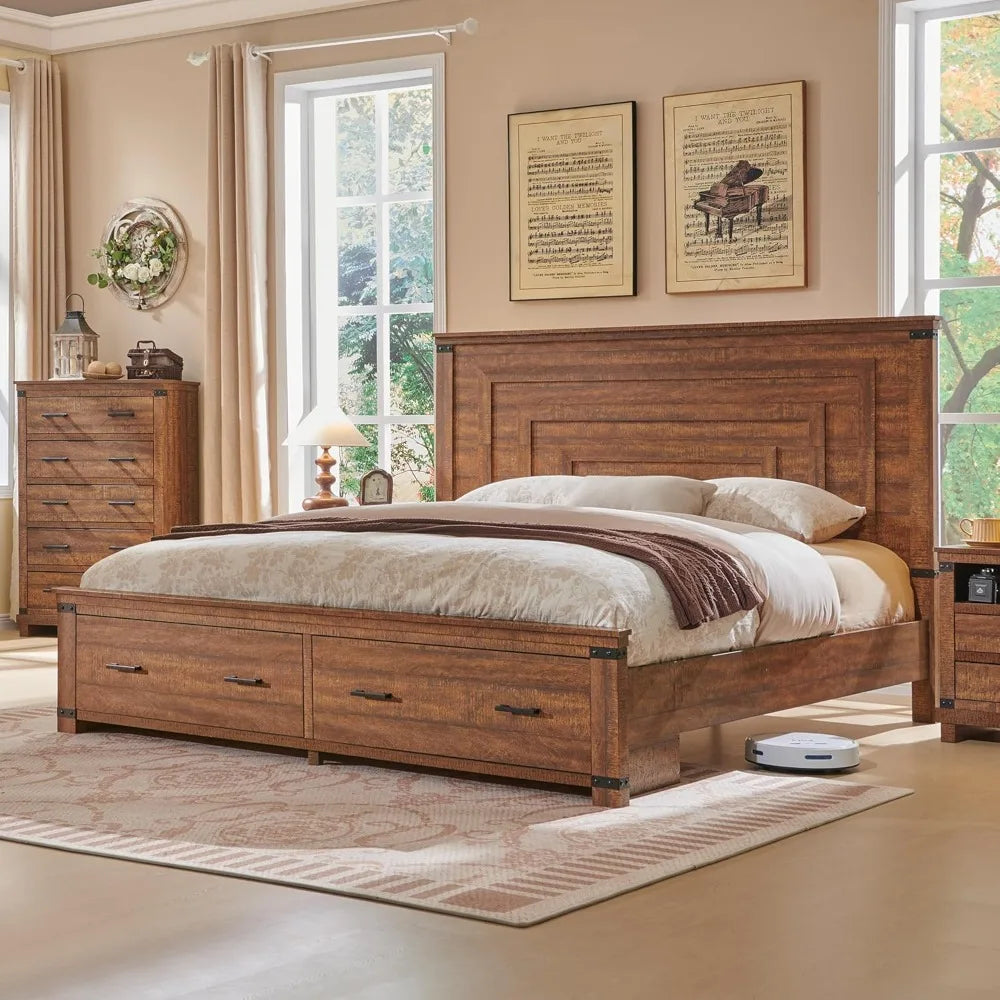 RedLemon Farmhouse Queen Size Bed Frame w/ 54" Tall Geometric Headboard, Rustic Wood Platform Bed w/ 2 Large Storage Drawers, Wo
