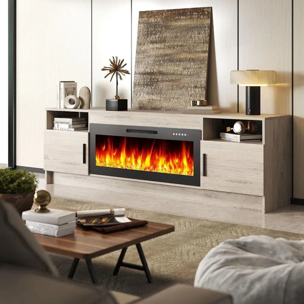 70 Inch TV Stand with 36 inch Electric Fireplace 27 LED Light Entertainment Center for TVs Up to 80" Black Modern Wood Media TV