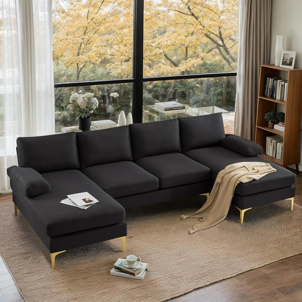 vingli 110" modern u shaped sectional couch with 51"d double chaise for living room, black deep seat sectional sofa sets with 5.