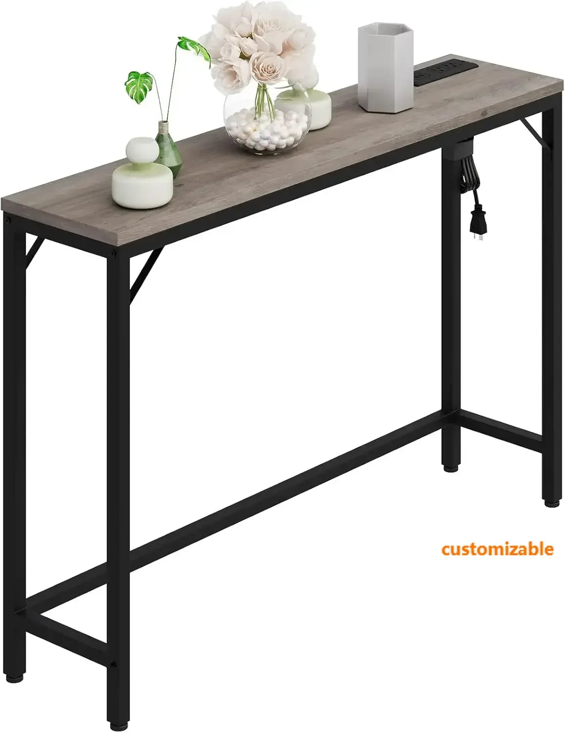 Console Table with Power Outlets & USB Ports,Narrow Sofa Table with Charging Station,39.3"Industrial Entryway Table,Bedroom-Grey
