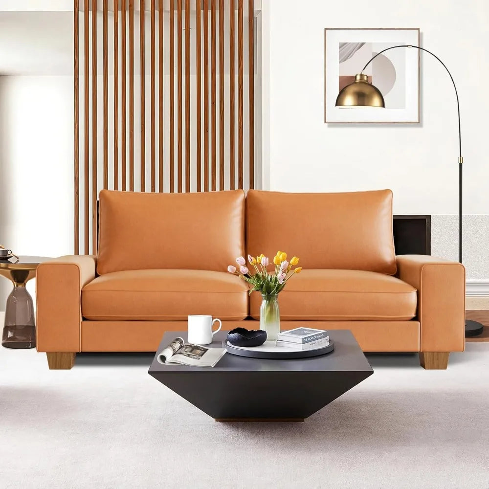 faux leather couch, mid century modern comfy loveseat sofa with wide arm, side pockets, solid wooden frame for office, living ro