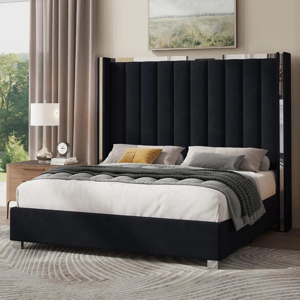 Queen Size Bed Frame with 58" Tall Headboard, Velvet Upholstered Platform Bed with Channel Tufted Wingback Headboard and Platin