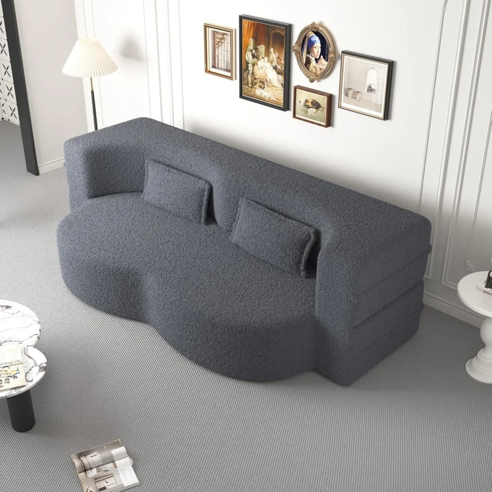 78" Convertible Folding Sofa Bed, Queen Sleeper Sofa with Pillow, Modern Teddy Fabric Floor & Futon Loveseat Couch, Foam Folding