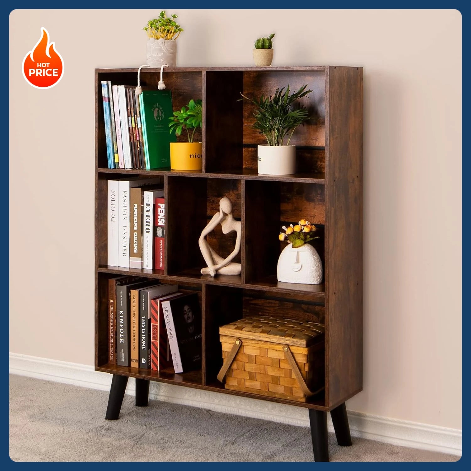 [Free Shipping!]Cube Bookshelf 3 Tier Mid-Century Rustic Brown Modern Bookcase with Legs,Retro Wood Bookshelves Storage Organize